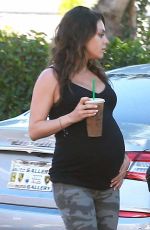 Pregnant MILA KUNIS in Tights Leaves Starbucks in Studio City
