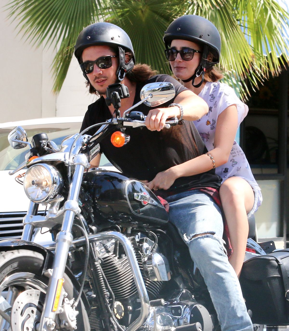 LILY COLLINS and Boyfriend Riding a Motorcycle Out in Los Angeles LILY COLLINS and Boyfriend Riding a Motorcycle Out in Los Angeles