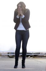 KATHARINE MCPHEE in Jeans on the Set of Scorpion in Los Angeles
