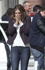 KATHARINE MCPHEE in Jeans on the Set of Scorpion in Los Angeles