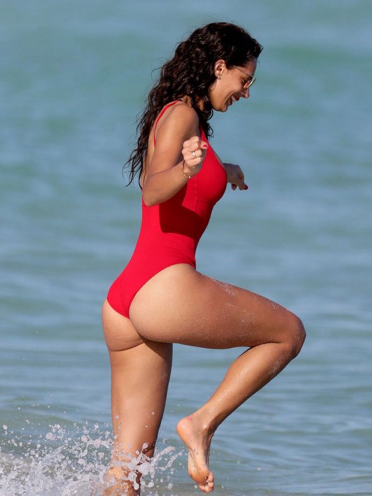 RAFFAELLA MODUGNO in Red Swimsuit at a Beach in Miami RAFFAELLA MODUGNO in Red Swimsuit