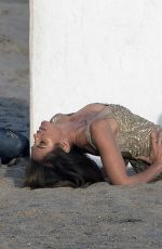 CINDY CRAWFORD on the Set of a Photoshoot in Malibu
