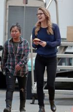 MELISSA BENOIST on the Set of Supergirl in Los Angeles