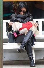 VANESSA HUDGENS Playing with Her Dog in New York