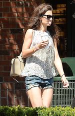 KATIE HOLMES in Jeans Shorts Leaves Starbucks in Beverly Hills