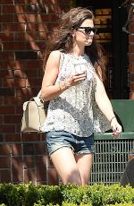 KATIE HOLMES in Jeans Shorts Leaves Starbucks in Beverly Hills