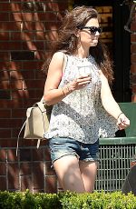 KATIE HOLMES in Jeans Shorts Leaves Starbucks in Beverly Hills