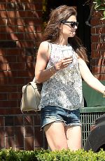 KATIE HOLMES in Jeans Shorts Leaves Starbucks in Beverly Hills