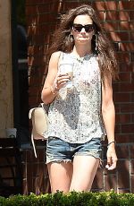 KATIE HOLMES in Jeans Shorts Leaves Starbucks in Beverly Hills