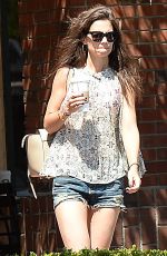 KATIE HOLMES in Jeans Shorts Leaves Starbucks in Beverly Hills