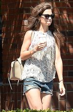 KATIE HOLMES in Jeans Shorts Leaves Starbucks in Beverly Hills