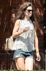 KATIE HOLMES in Jeans Shorts Leaves Starbucks in Beverly Hills