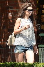 KATIE HOLMES in Jeans Shorts Leaves Starbucks in Beverly Hills