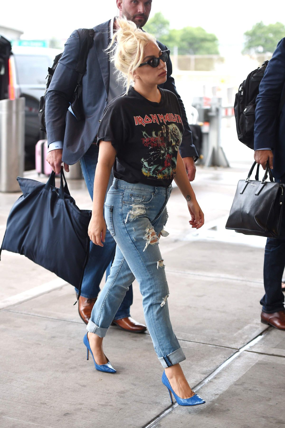LADY GAGA in Ripped Jeans Arrives at JFK Airport in New York 07/01/2015 ...
