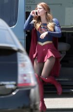 MELISSA BENOIST on the Set of Supergirl in Los Angeles 08/18/2015