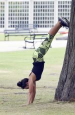 STEPHANIE DAVIS in Tights Workout in a Park in Manchester 07/29/2015