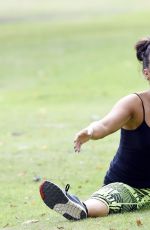 STEPHANIE DAVIS in Tights Workout in a Park in Manchester 07/29/2015