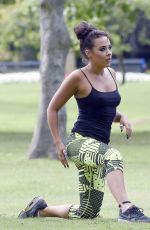 STEPHANIE DAVIS in Tights Workout in a Park in Manchester 07/29/2015