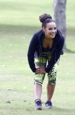 STEPHANIE DAVIS in Tights Workout in a Park in Manchester 07/29/2015