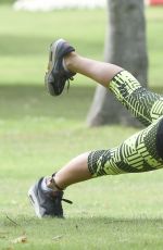 STEPHANIE DAVIS in Tights Workout in a Park in Manchester 07/29/2015