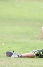 STEPHANIE DAVIS in Tights Workout in a Park in Manchester 07/29/2015