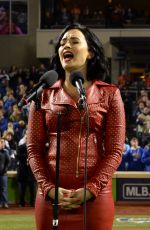 DEMI LOVATO Sings National Anthem at MLB World Series Game Four at The Citi Field in New York 10/31/2015