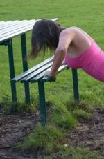 KAREN DANCZUK in Tights Working Out at a Park 12/31/2015