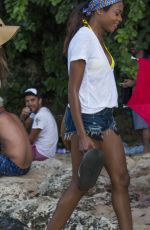 NAOMIE HARRIS in Cutoff Denim on the Beach in Barbados 01/01/2016
