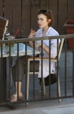 LILY COLLINS in Leggings and Tank Top Luch at Hugo