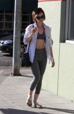 LILY COLLINS in Leggings and Tank Top Luch at Hugo