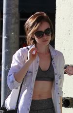 LILY COLLINS in Leggings and Tank Top Luch at Hugo