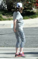 Pregnant ANNE HATHAWAY Walks Her Dog Out in Los Angeles 02/14/2016