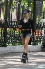 HAILEY BALDWIN in Denim Shorts nad Foot Brace Out in New York 05/12/2016