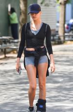 HAILEY BALDWIN in Denim Shorts nad Foot Brace Out in New York 05/12/2016