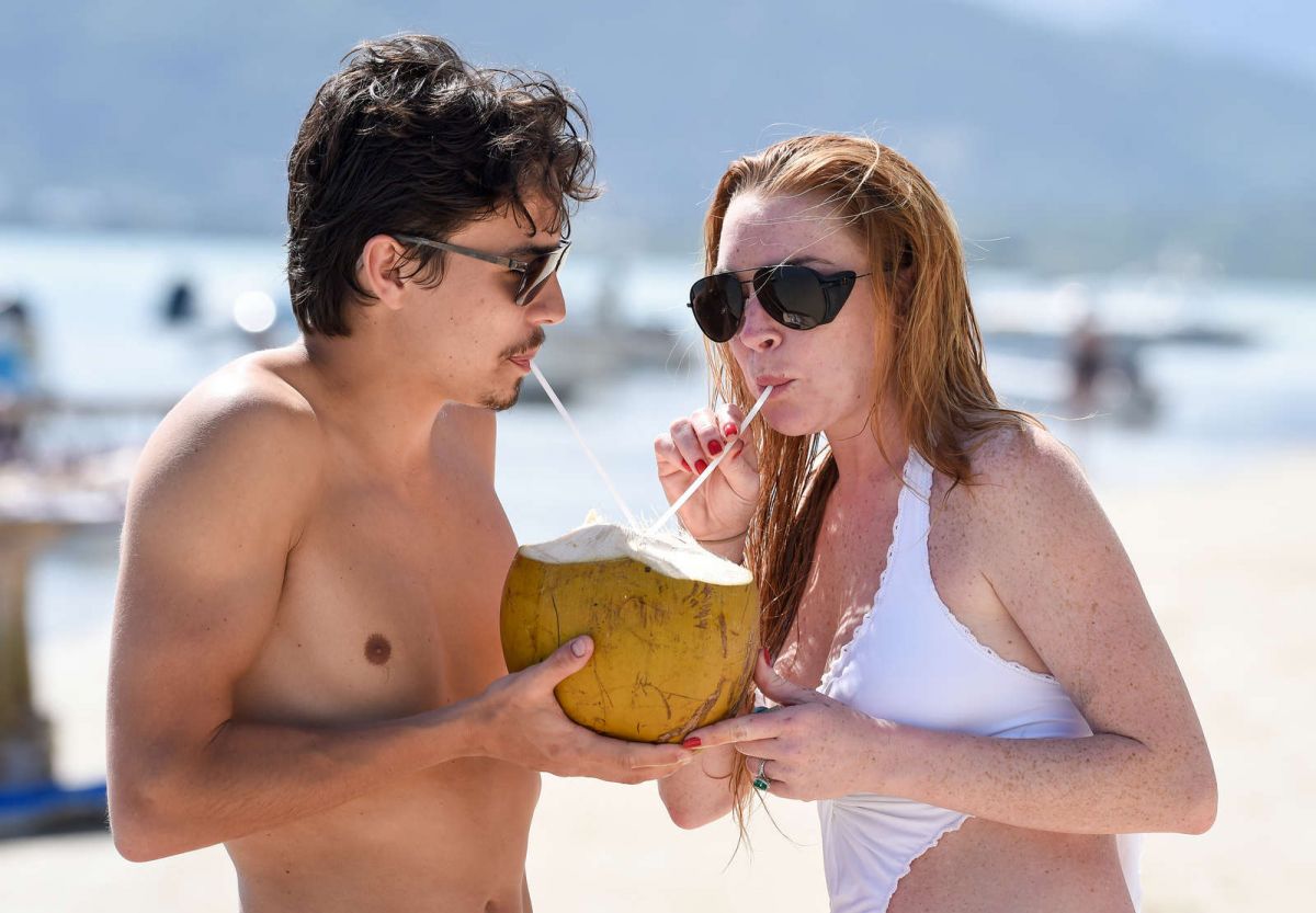 LINDSAY LOHAN in Swimsuit at the Beach in Mauritius 06/21 