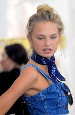 ROMEE STRIJD in Denim Dress Shopping at House of CB in West Hollywood 06/10/2016
