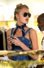 ROMEE STRIJD in Denim Dress Shopping at House of CB in West Hollywood 06/10/2016