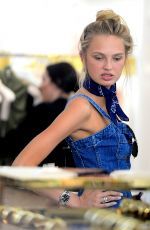 ROMEE STRIJD in Denim Dress Shopping at House of CB in West Hollywood 06/10/2016