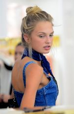 ROMEE STRIJD in Denim Dress Shopping at House of CB in West Hollywood 06/10/2016