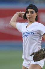 AUBREY PLAZA Throwing Out First Pitch at Dodgers Game in Los Angeles 07/01/2016