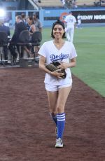 AUBREY PLAZA Throwing Out First Pitch at Dodgers Game in Los Angeles 07/01/2016