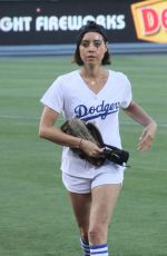 AUBREY PLAZA Throwing Out First Pitch at Dodgers Game in Los Angeles 07/01/2016