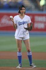 AUBREY PLAZA Throwing Out First Pitch at Dodgers Game in Los Angeles 07/01/2016