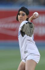 AUBREY PLAZA Throwing Out First Pitch at Dodgers Game in Los Angeles 07/01/2016