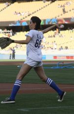 AUBREY PLAZA Throwing Out First Pitch at Dodgers Game in Los Angeles 07/01/2016