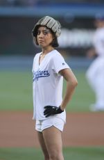 AUBREY PLAZA Throwing Out First Pitch at Dodgers Game in Los Angeles 07/01/2016
