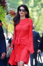 AMAL CLOONEY in a Red Dress Out in Manhattan 09/22/2016