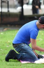 LOUISE CLIFFE with Her Dog at a Park in Manchester 09/14/2016
