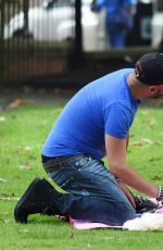 LOUISE CLIFFE with Her Dog at a Park in Manchester 09/14/2016