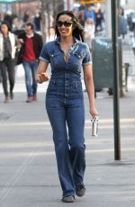 PADMA LAKSHMI in Denim Jumper Out in Los Angeles 02/23/2017